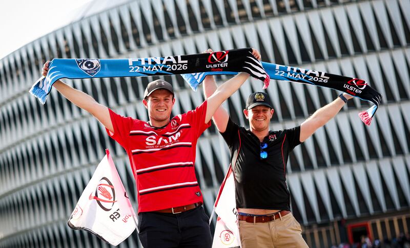 Ulster fans Mark and Scott Magowan from Belfast outside San Mamés Stadium ahead of the game. Photograph: Nick Elliott/Inpho