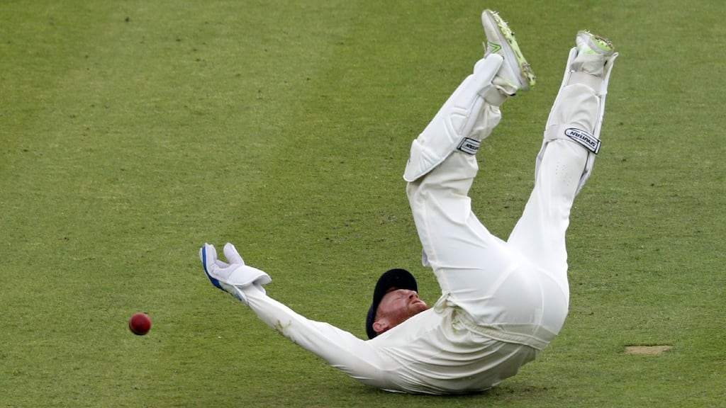 England’s Jonny Bairstow is unable to take a catch to dismiss Pakistan’s Shadab Khan on the second day of the first Test between England and Pakistan at Lord’s. Photograph: Adrian dennis/AFP/Getty Images