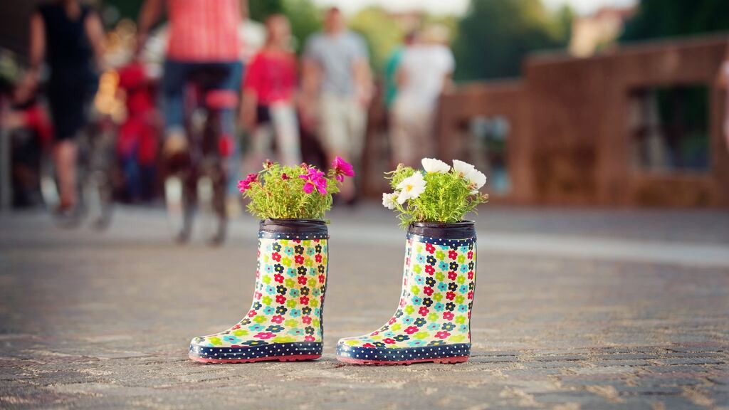 Repackage, reuse: rubber boots used as flower pots on the city streets.