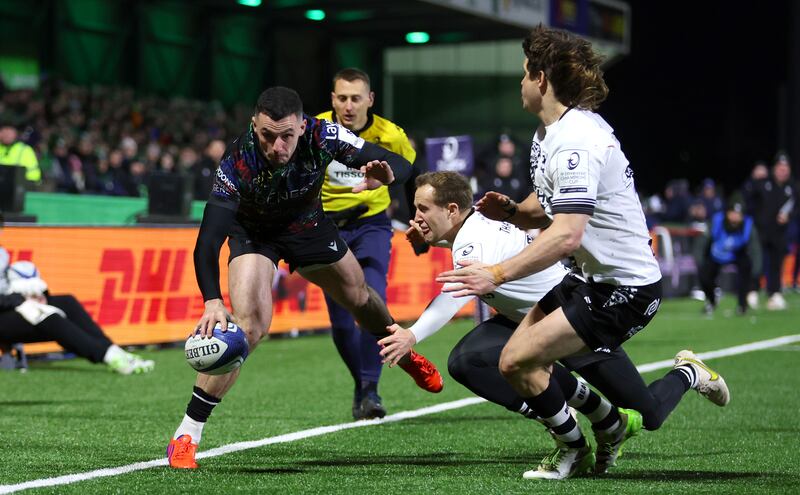 Connacht’s Andrew Smith goes over for a try that was subsequently disallowed against Bristol Bears on Friday in the Champions Cup Round 4 at Dexcom Stadium, Galway. Photograph: Inpho 

