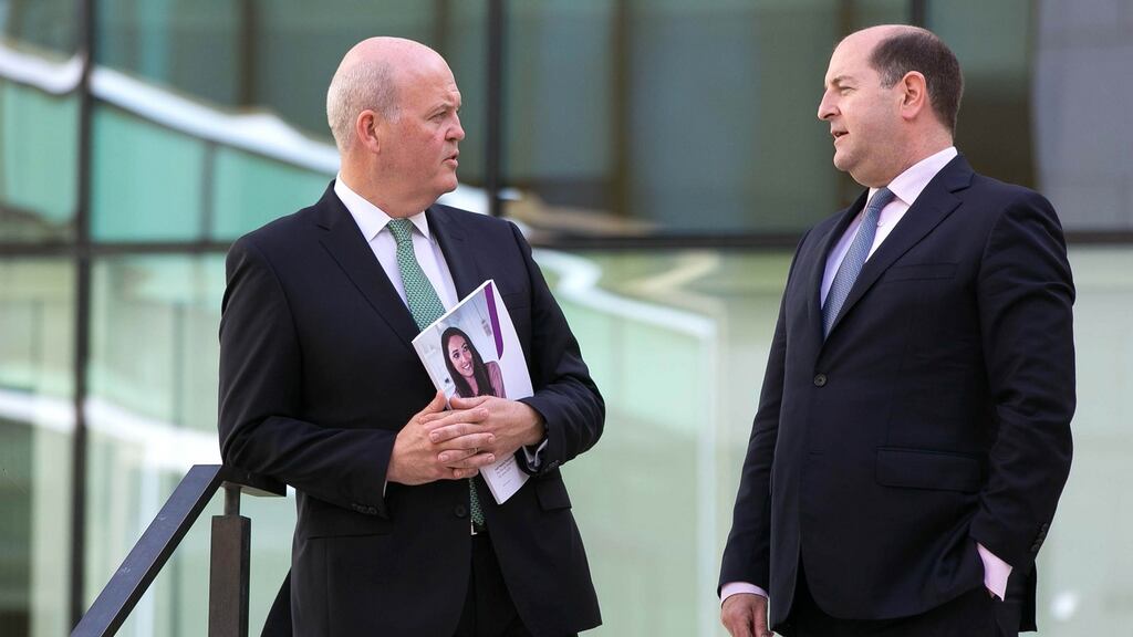 AIB CEO Colin Hunt with chief financial officer Donal Galvin. The bank saw its average number of employees rise 2 per cent to 9,888 in the first half 2019. Photograph: Shane O’Neill/SON Photographic