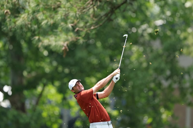 Scottie Scheffler plays his approach shot on the ninth hole during the first round of the US PGA Championship at Quail Hollow Country Club in Charlotte, North Carolina. Photograph: Warren Little/Getty Images