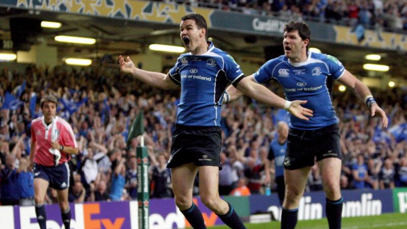Leinster’s Johnny Sexton celebrates with Shane Horgan after scoring a try during the 2011 Heineken Cup final against Northampton at the Millennium Stadium in Cardiff. Photograph: Ryan Byrne/Inpho