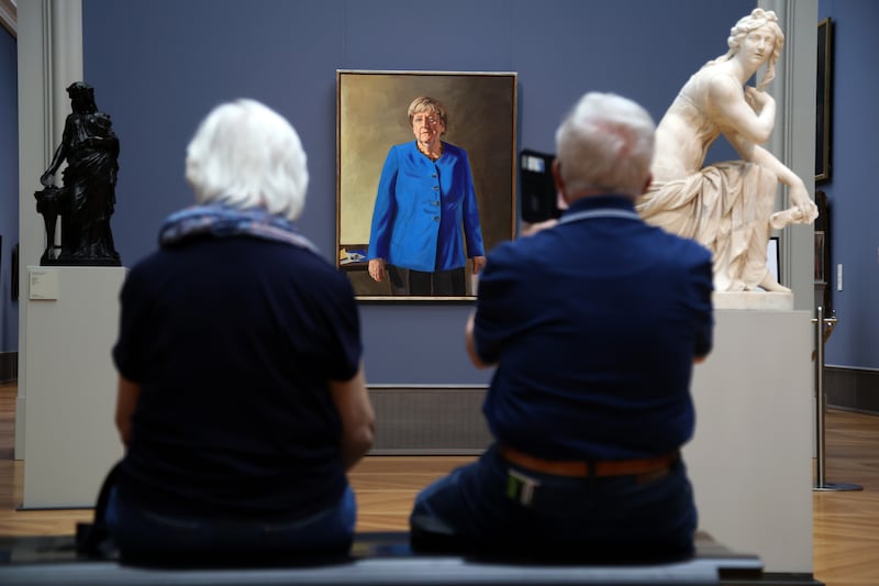 A portrait of former German chancellor Angela Merkel on display at the Bode Museum, Berlin. Photograph: Adam Berry/Getty Images