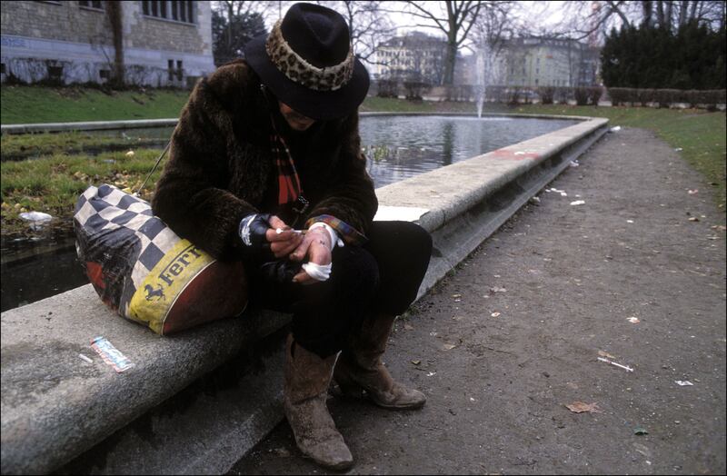 Platzspitz, the drug park Zurich, in 1992. Photograph:  Antonio Ribeiro/Gamma-Rapho via Getty Images