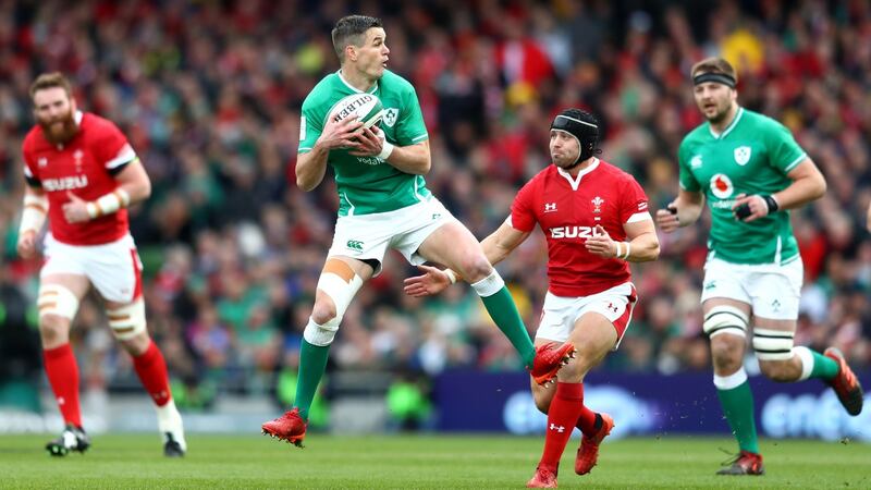 Johnny Sexton  catches the ball during the Six Nations  game against Wales. Photograph:  Michael Steele/Getty Images