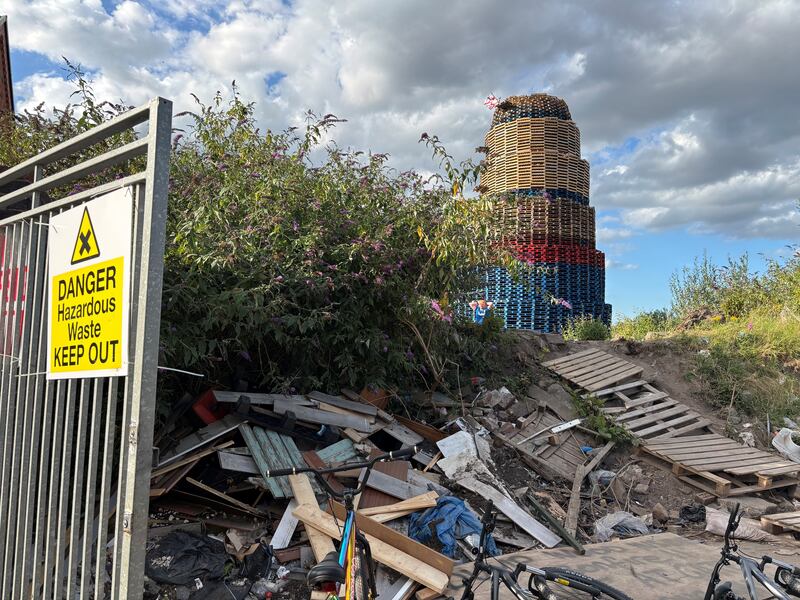 Loyalist bonfire in the Broadway Industrial Estate off the Donegal Road in south Belfast  raised concerns due to its proximity to asbestos and an electricity sub station. Photograph: Rebecca Black/PA