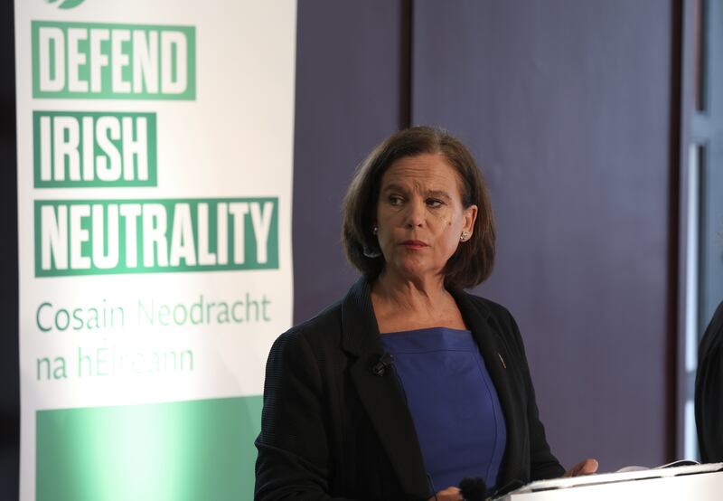 Mary Lou McDonald TD at the of launch of Sinn Fein’s policy on Protecting Ireland’s Neutrality earlier this month. Photograph: Stephen Collins/Collins Photos