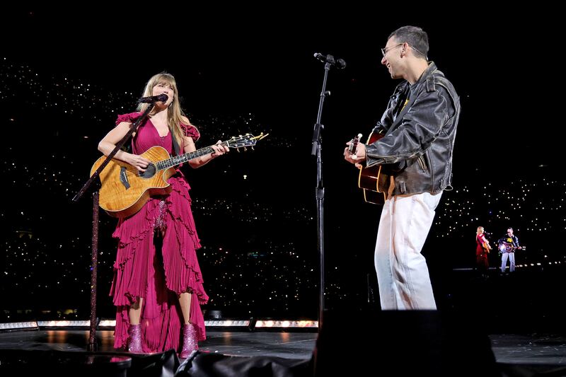 Jack Antonoff performing with Taylor Swift during Swift's Eras Tour at MetLife Stadium in May 2023 in East Rutherford, New Jersey. Photograph: Kevin Mazur/TAS23/Getty 