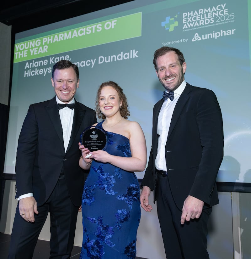 Anton Savage, MC of the awards; Ariane Kane, pharmacist; Ramy Seraphim, superintendent pharmacist, Uniphar group. Photograph: Paul Sherwood