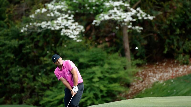Reed’s ball was lucky to hold up on the bank of Rae’s Creek at the 13th. Photo: Mike Segar/Reuters
