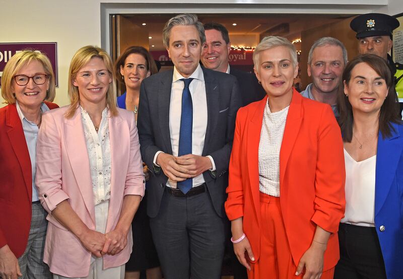 Taoiseach Simon Harris with Nina Carberry and Maria Walsh at TF Royal Theatre in Castlebar. Photograph: Conor McKeown/PA Wire