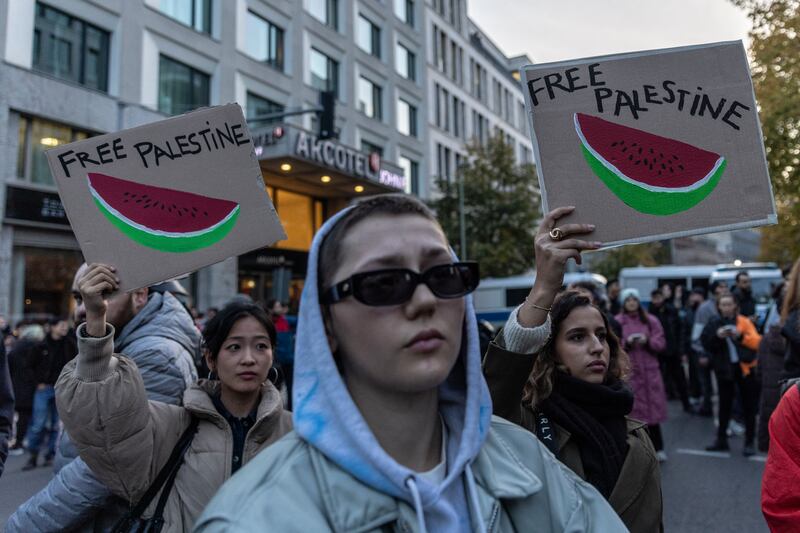 Pro-Palestinian protesters gathered outside the Foreign Ministry in Berlin. Photograph: Maja Hitij/Getty Images