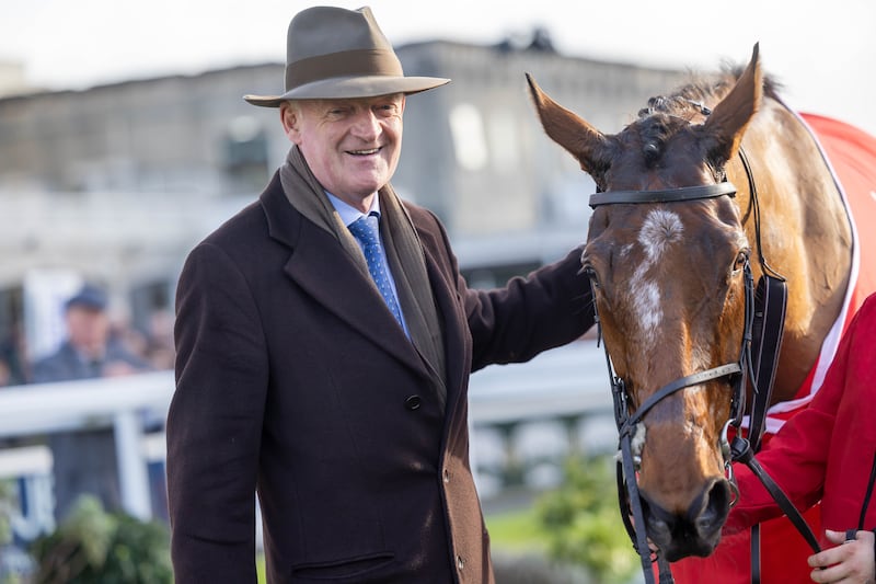 Trainer Willie Mullins with El Fabiolo after the win in the Ladbrokes Dublin Steeplechase at Leopardstown. Photograph: Morgan Treacy/Inpho 
