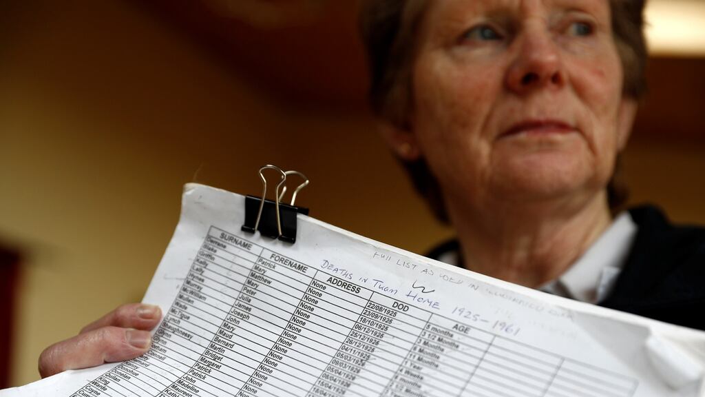 Historian Catherine Corless with a list of the names of missing children from the mother-and-baby home run by the Bon Secours nuns in Tuam. Photograph: Peter Nicholls/Reuters