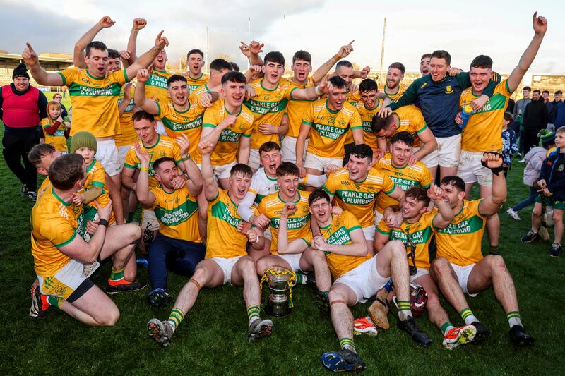 Feakle celebrate winning the 2024 Clare SHC final after victory over Sixmilebridge at Cusack Park. Photograph: Natasha Barton/Inpho