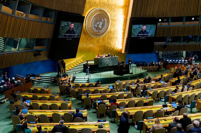 Volodymyr Zelenskiy, Ukraine's president, addresses the UN General Assembly in New York. Photograph: David Dee Delgado/Bloomberg