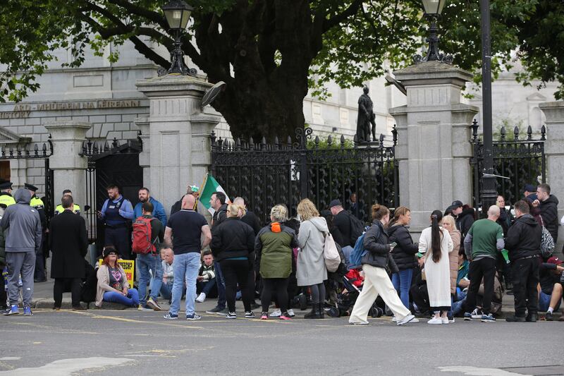 Part of the protest outside Leinster House on Merrion Street on Wednesday. Photograph: Collins