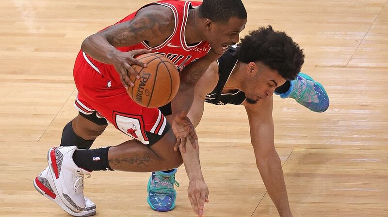 Javonte Green of the Chicago Bulls is fouled by Jordan Nwora of the Milwaukee Bucks. Photograph: Jonathan Daniel/Getty