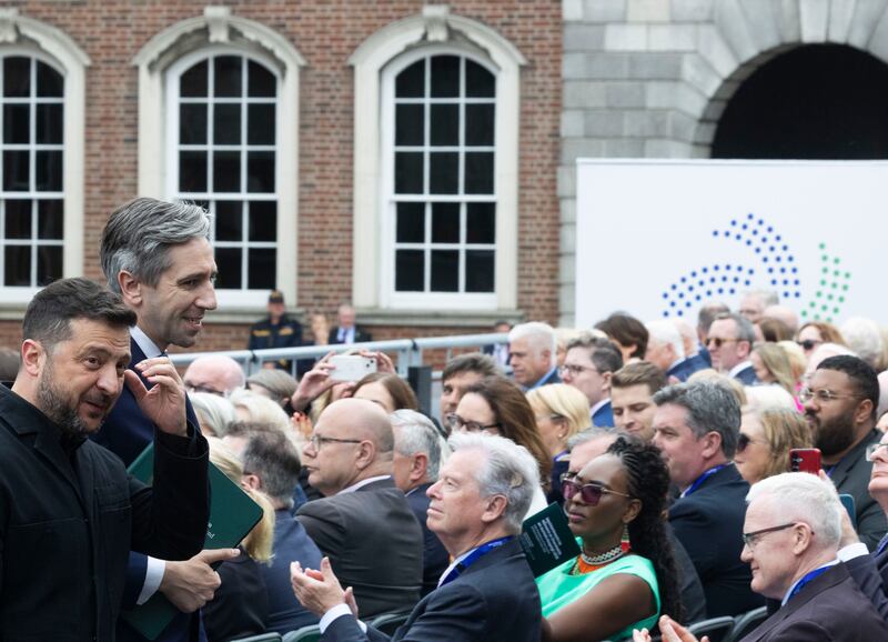 Ukraine's president Volodymyr Zelenskiy and Tánaiste Simon Harris at Dublin Castle on Wednesday. Photograph: Sam Boal/Collins