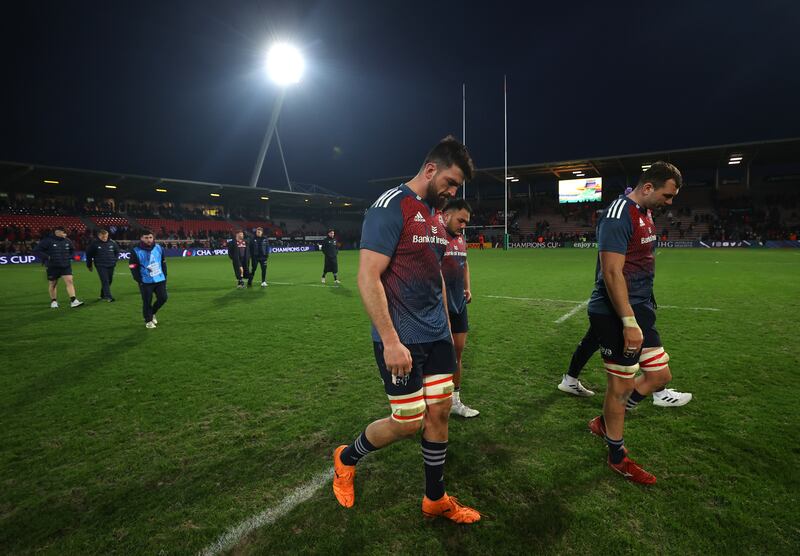 Munster’s Jean Kleyn and Tadhg Beirne dejected after losing to Toulouse. Photograph: James Crombie/Inpho
