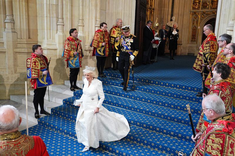 Britain's queen Camilla and king Charles depart after attending the State opening of parliament in London on Wednesday. Photograph: Aaron Chown/AFP via Getty Images