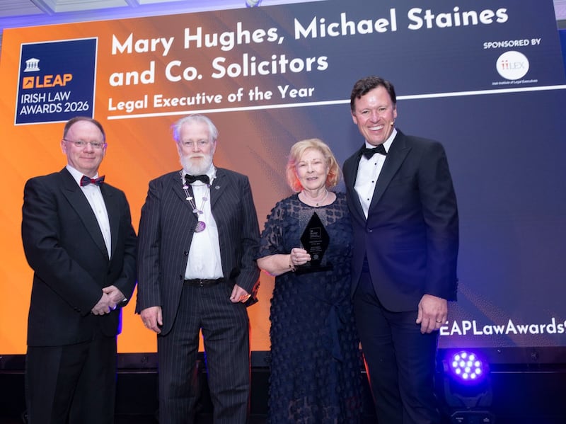 Richard Hammond, solicitor and partner at Hammond Good and chair of the judging panel of the Leap Irish Law Awards; Gabriel Canning, president of Iilex; Mary Hughes, trails manager at Michael J Staines & Company Solicitors; and Anton Savage, MC of the night. Photograph: Paul Sherwood
