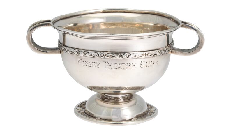 The Abbey Theatre Cup engraved on a pre-war Irish silver Celtic revival-style trophy, Dublin 1937, €80-€120.