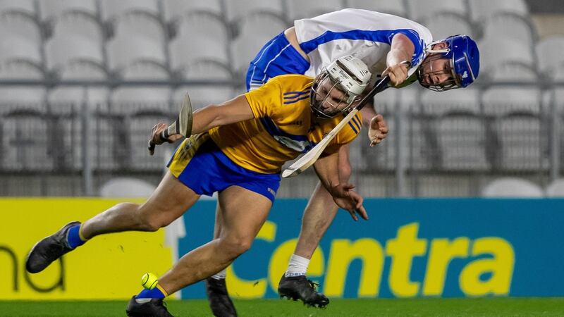 Waterford’s Conor Prunty challenges  Aaron Shanagher of Clare during the  during the All-Ireland SHC quarter-final at Páirc Uí Chaoimh. Photograph: Morgan Treacy/Inpho