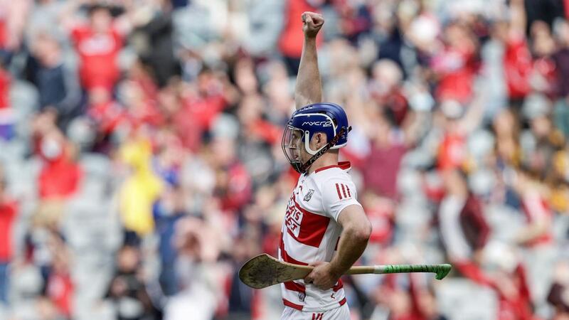 Cork goalkeeper Patrick Collins celebrates a  goal during the  All-Ireland semi-final win over Kilkenny at Croke Park. Photograph: Laszlo Geczo/Inpho