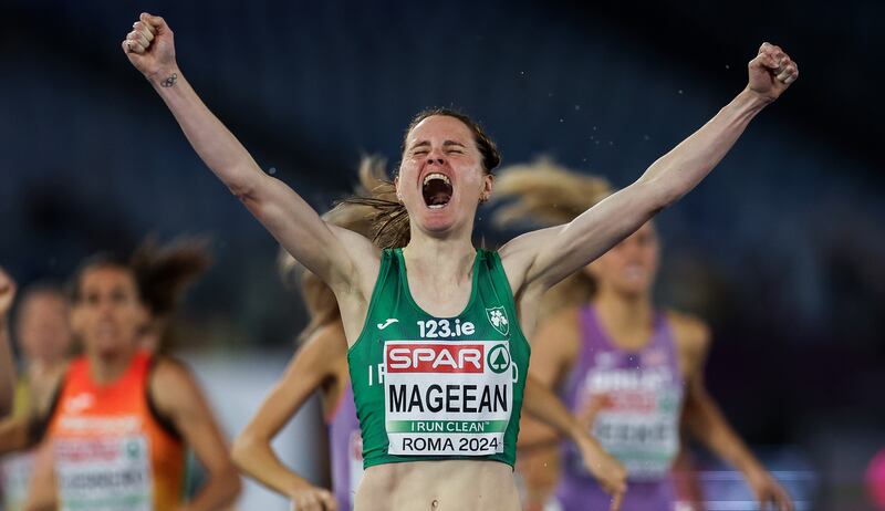 Ciara Mageean celebrates winning the women’s 1500m final last month in the 2024 European Athletics Championships, Stadio Olympico, Rome.  
Photograph: Morgan Treacy/Inpho