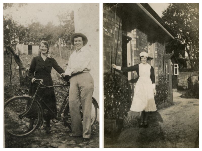 Left: Mary Murray and Eva Clerkin (both nee McKenna), circa 1940.  Right Eva Clerkin in her nurse's uniform during time spent working in the UK. Photograph: Clerkin family, courtesy of Photo Album of the Irish/Photo Museum Ireland