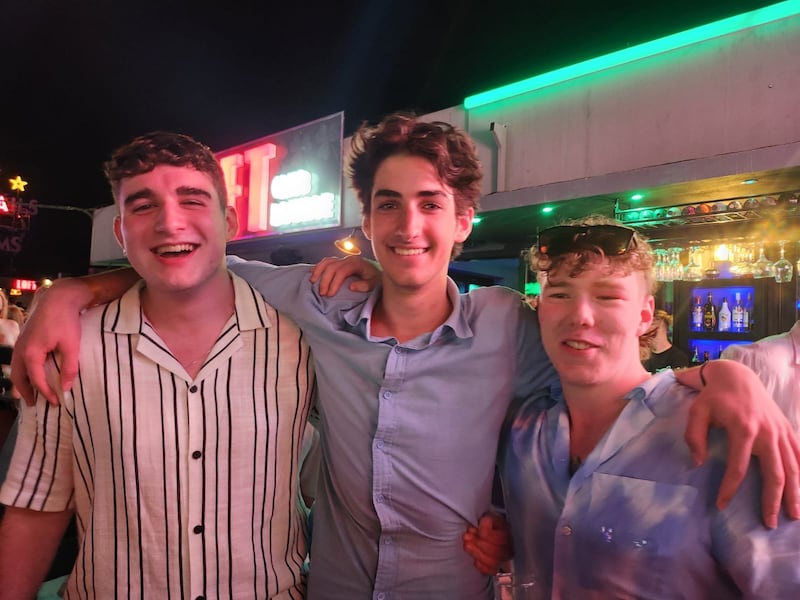 Friends Ruairí Hegarty, Ryan Schacht and Daniel Cremin, all former students of Clongowes Wood College. Photograph: Niamh Browne
