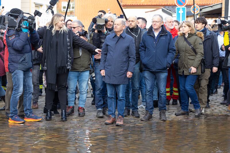 German chancellor Olaf Scholz visits the flood-hit city of Verden, northern Germany, on New Year's Eve. Photograph: EPA/EFE