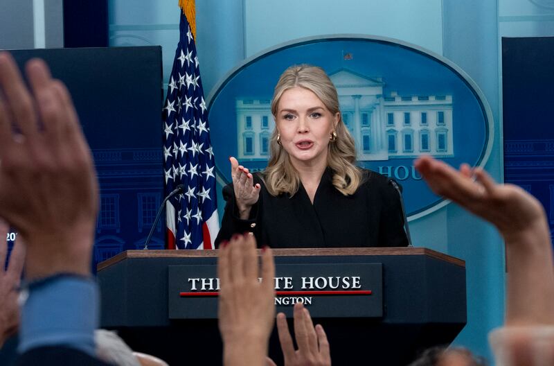 Karoline Leavitt, president Donald Trump’s press secretary, speaks at the White House press briefing in Washington on Thursday. Photograph: Doug Mills/The New York Times