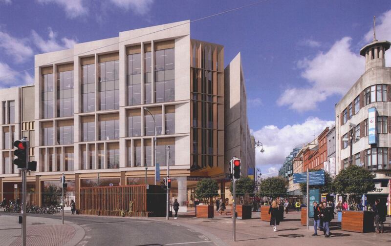 Stephen’s Green Shopping Centre: version 1 of the redesigned Dublin mall, designed by BKD Architects. Illustration: Model Works