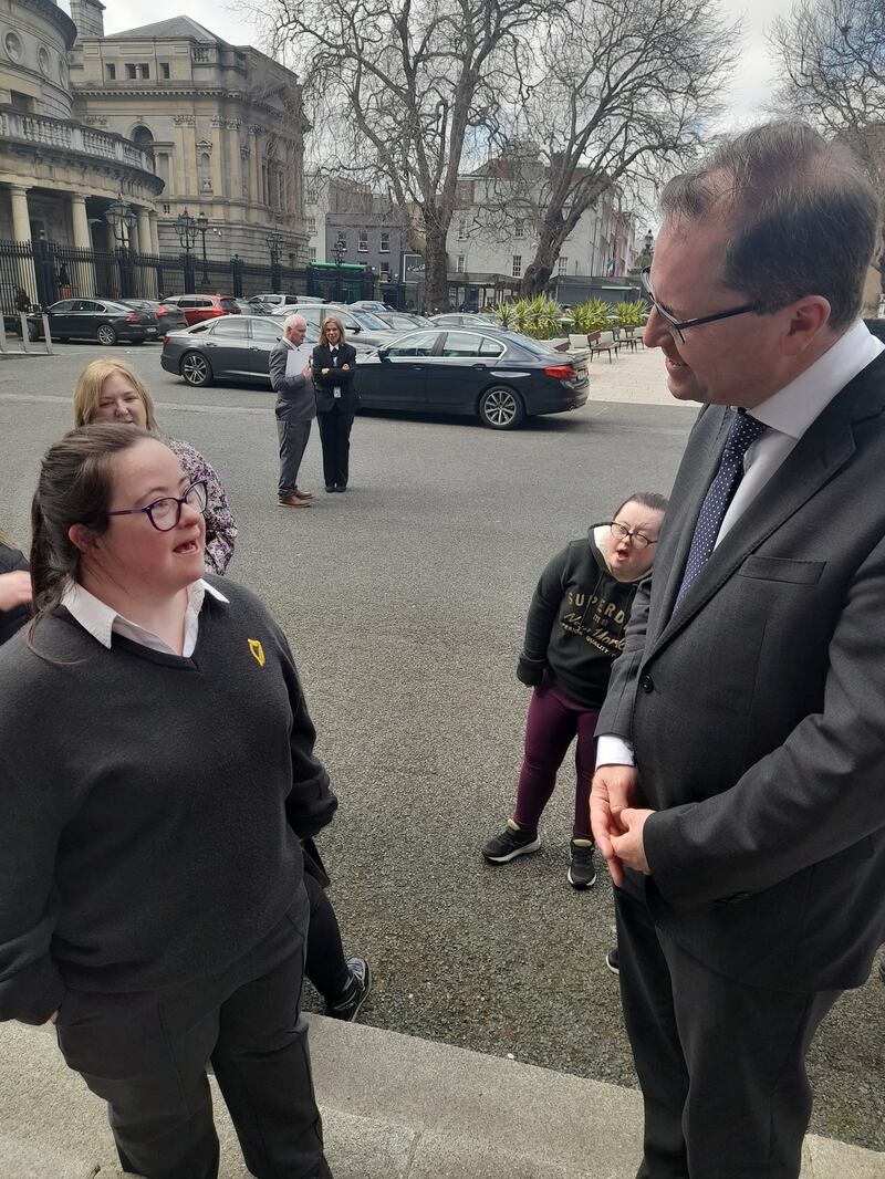 Kim O’Kelly speaks to Minister for Further and Higher Education James Lawless outside Leinster House.