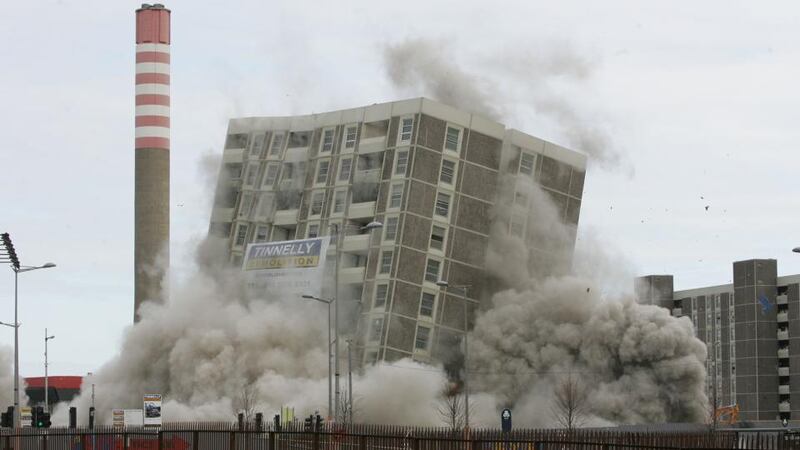 Blowing up Ballymun: McDermott Tower being demolished in 2005. Photograph: Alan Betson