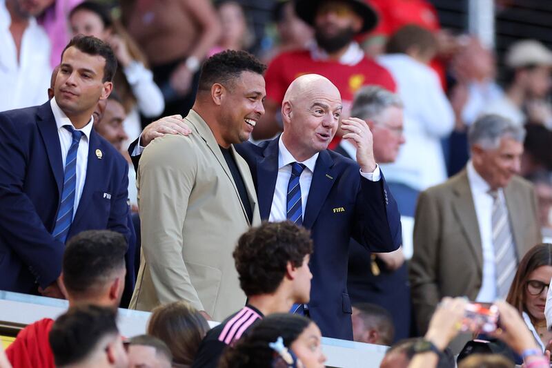 Fifa president Gianni Infantino with former Brazilian striker Ronaldo at the opening Club World Cup match in Miami. Photograph: Kevin C Cox/Getty Images
