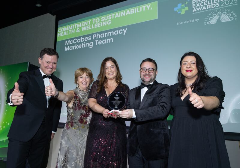 Anton Savage, MC of the awards; Dervila Mc Garry, head of marketing at PHX Ireland, McCabes Pharmacy & United Drug; Marina Timotijevic, marketing leader; Liam Gleeson, customer service executive at Ireland’s Blue Book and Lauren Tracey, assistant brand marketing manager at McCabes Pharmacy. Photograph: Paul Sherwood