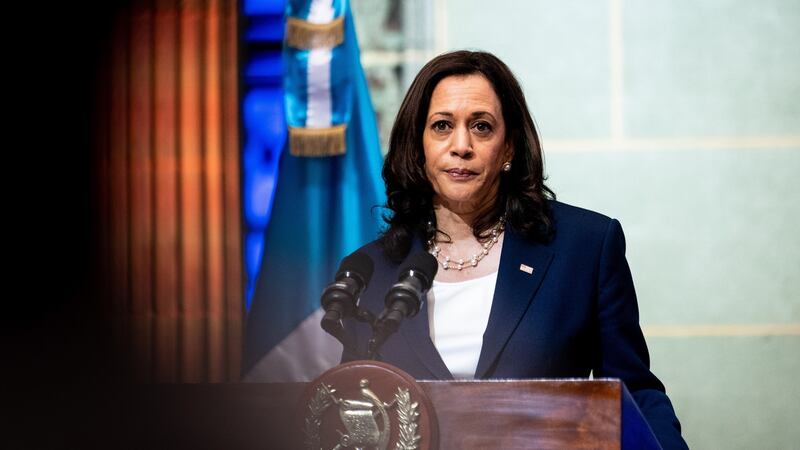 US vice-president Kamala Harris addresses a joint news conference with Guatemalan president Alejandro Giammattei  in Guatemala City on Monday. Photograph: Erin Schaff/New York Times