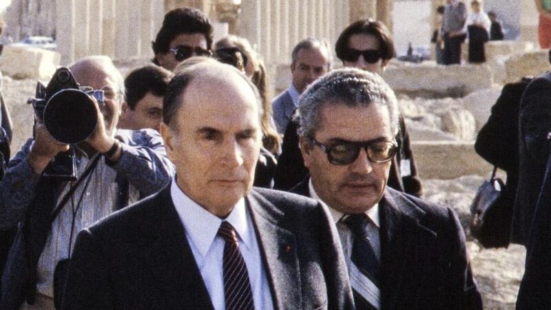 France’s then president Francois Mitterrand, flanked by the Syrian chief archaeologist of the ancient city of Palmyra, Khaled al-Assaad, visiting Palmyra   on November 27th, 1984. Photograph: Philippe Bouchon/AFP/Getty Images