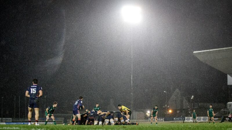 Rain falls at The Sportsground during Connacht’s Pro14 clash with Edinburgh. Photograph: James Crombie/Inpho