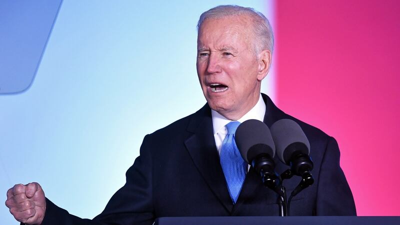 US president Joe Biden delivers a speech at the Royal Castle in Warsaw, Poland, on Saturday evening. Photograph: Radek Pietruszka/EPA