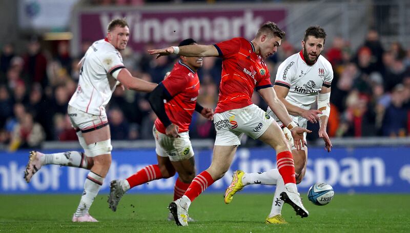 Ulster’s Stuart McCloskey and Jack Crowley of Munster in action. File photograph: Inpho
