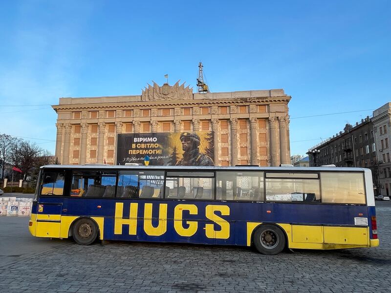 A bus parked on Freedom Square in the centre of Kharkiv, Ukraine's second city. Photograph: Daniel McLaughlin