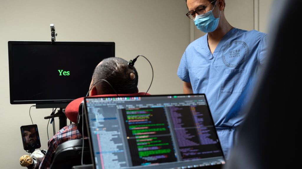 Dr Eddie Chang helps Pancho speak through an implant in his brain. Photograph: Mike Kai Chen/New York Times