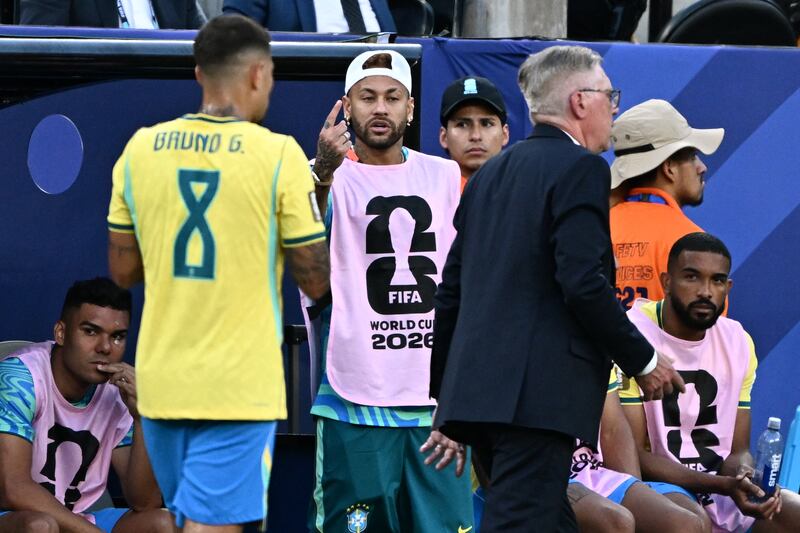 Neymar reacts on the sideline beside Brazil head coach Carlo Ancelotti during the game against Morocco. Photograph: Jewel Samad/AFP via Getty Images