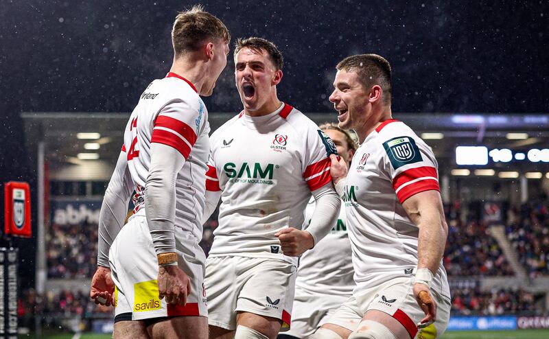 Ulster's James Hume, Nick Timoney and Jake Flannery celebrate a try during the URC game against Munster earlier this month. Photograph: Andrew Conan/Inpho