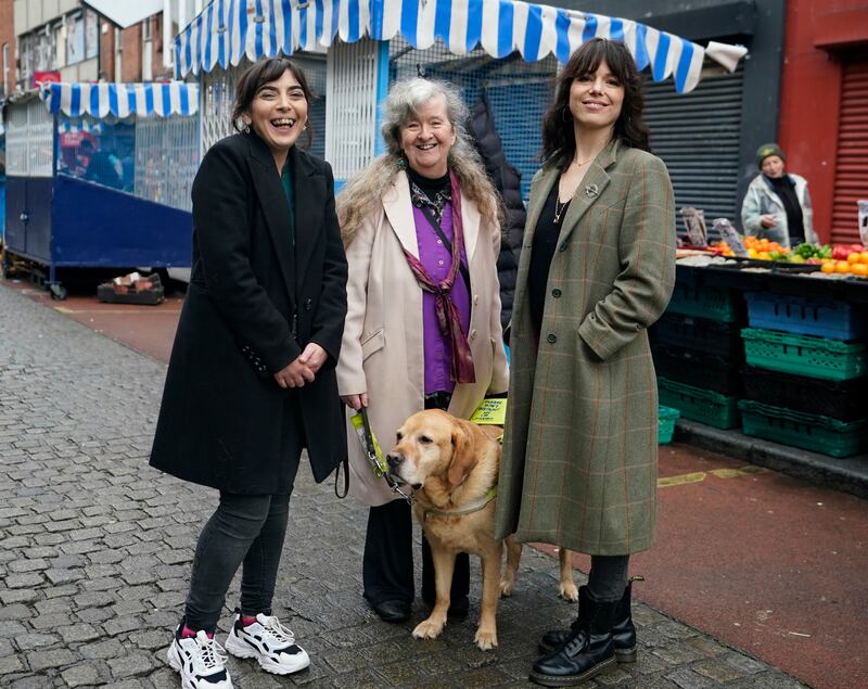 Historian Liz Gillis, Honor Ó Brolcháin, whose grand uncle Joseph Plunkett participated in the Easter Rising and performer Imelda May at the launch of Save Moore Street walking tour on Moore Street in Dublin last October. Photograph: Niall Carson/PA Wire